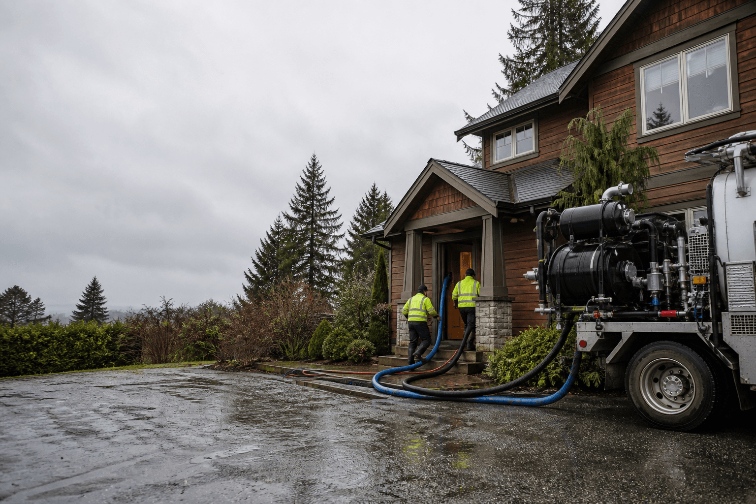 Water damage restoration technician in Langley operating a truck-mounted extractor beside a Pacific Northwest home