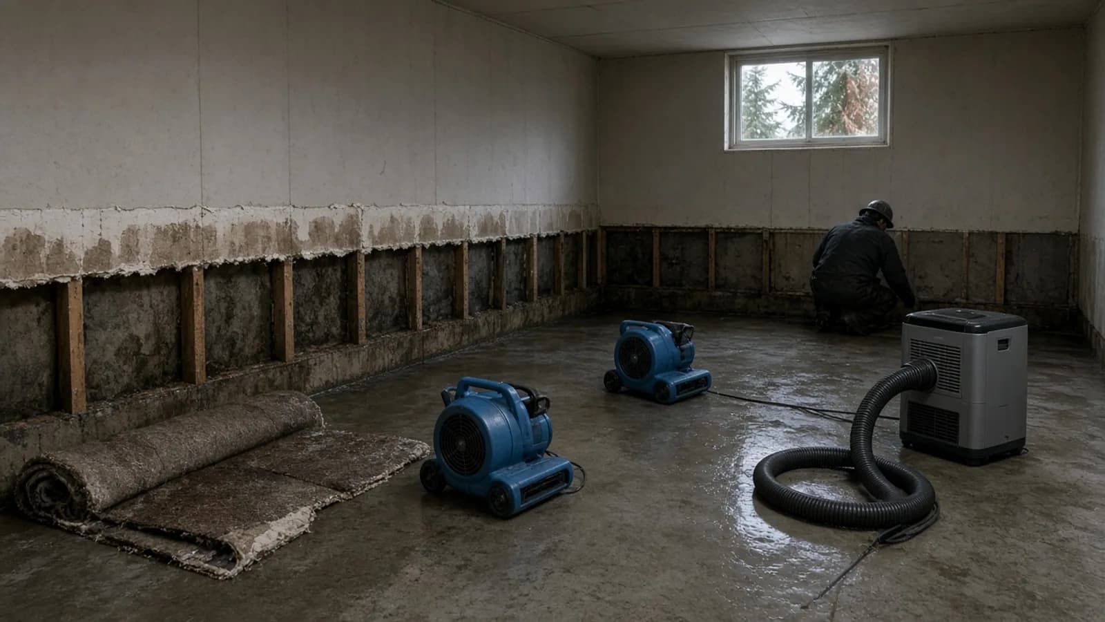 Air movers and a dehumidifier drying a flooded basement after the lower drywall and carpet were removed
