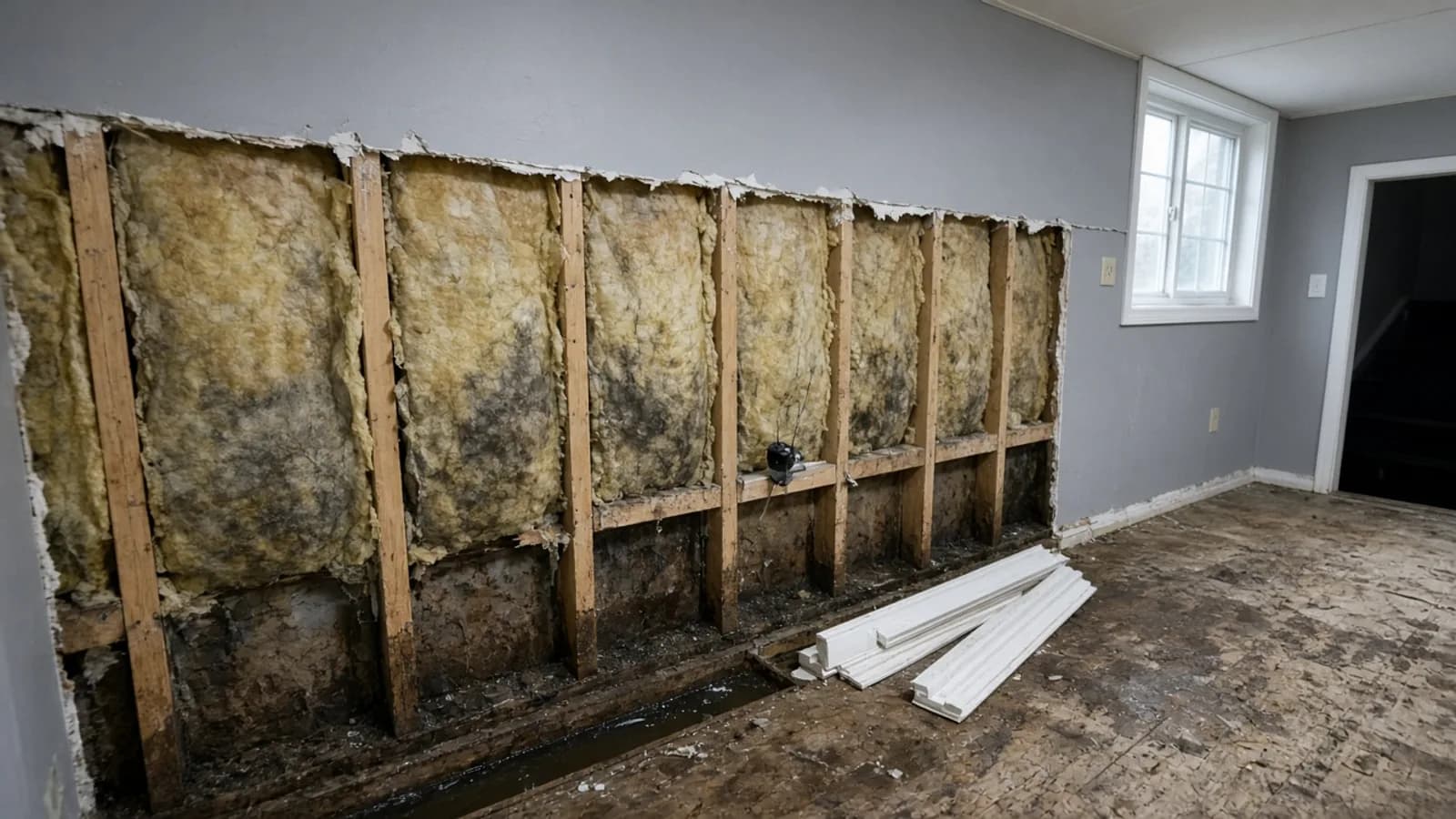 Lower drywall removed from a flooded basement wall, exposing wet insulation and studs above a damp floor