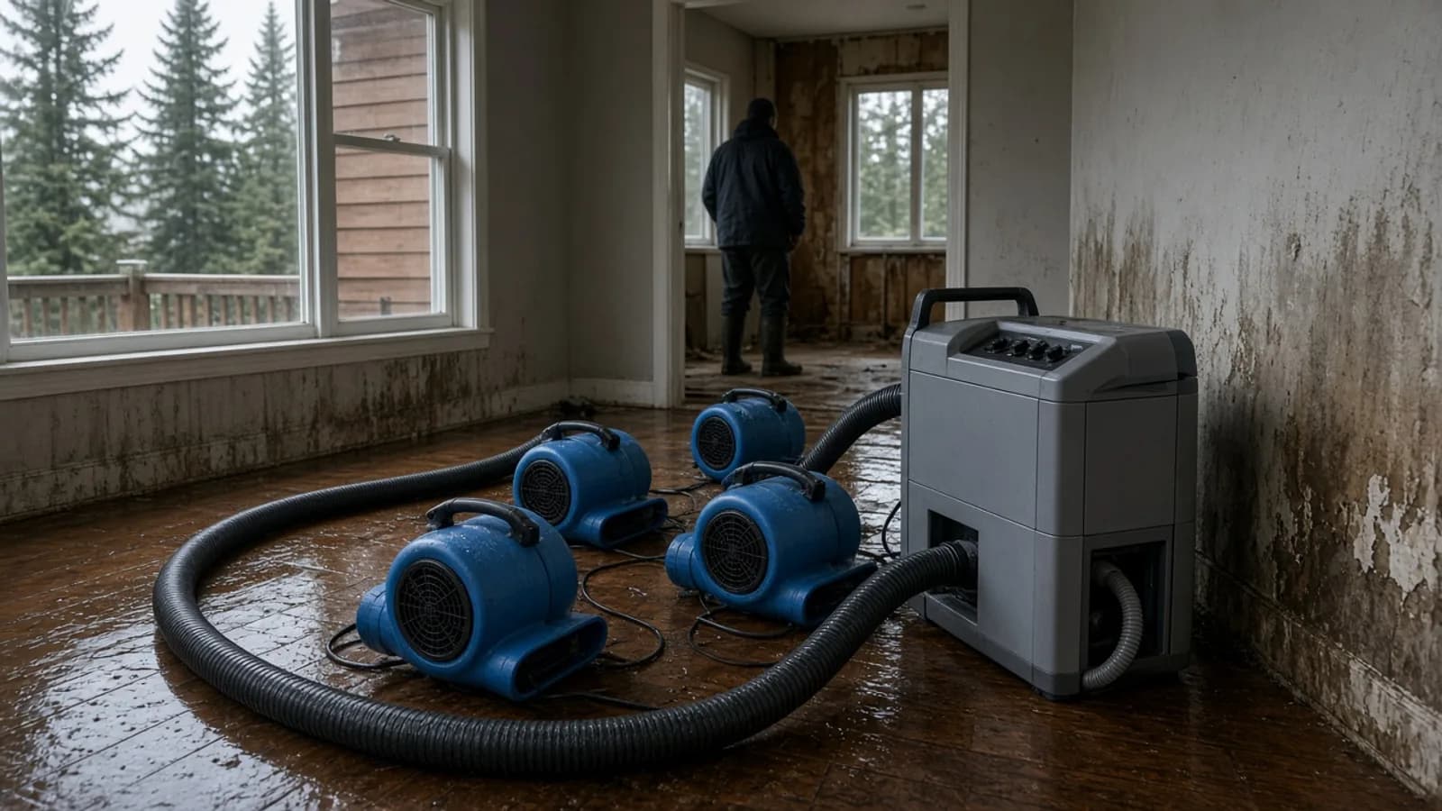 Air movers and a dehumidifier drying a water-damaged room in a Pacific Northwest home