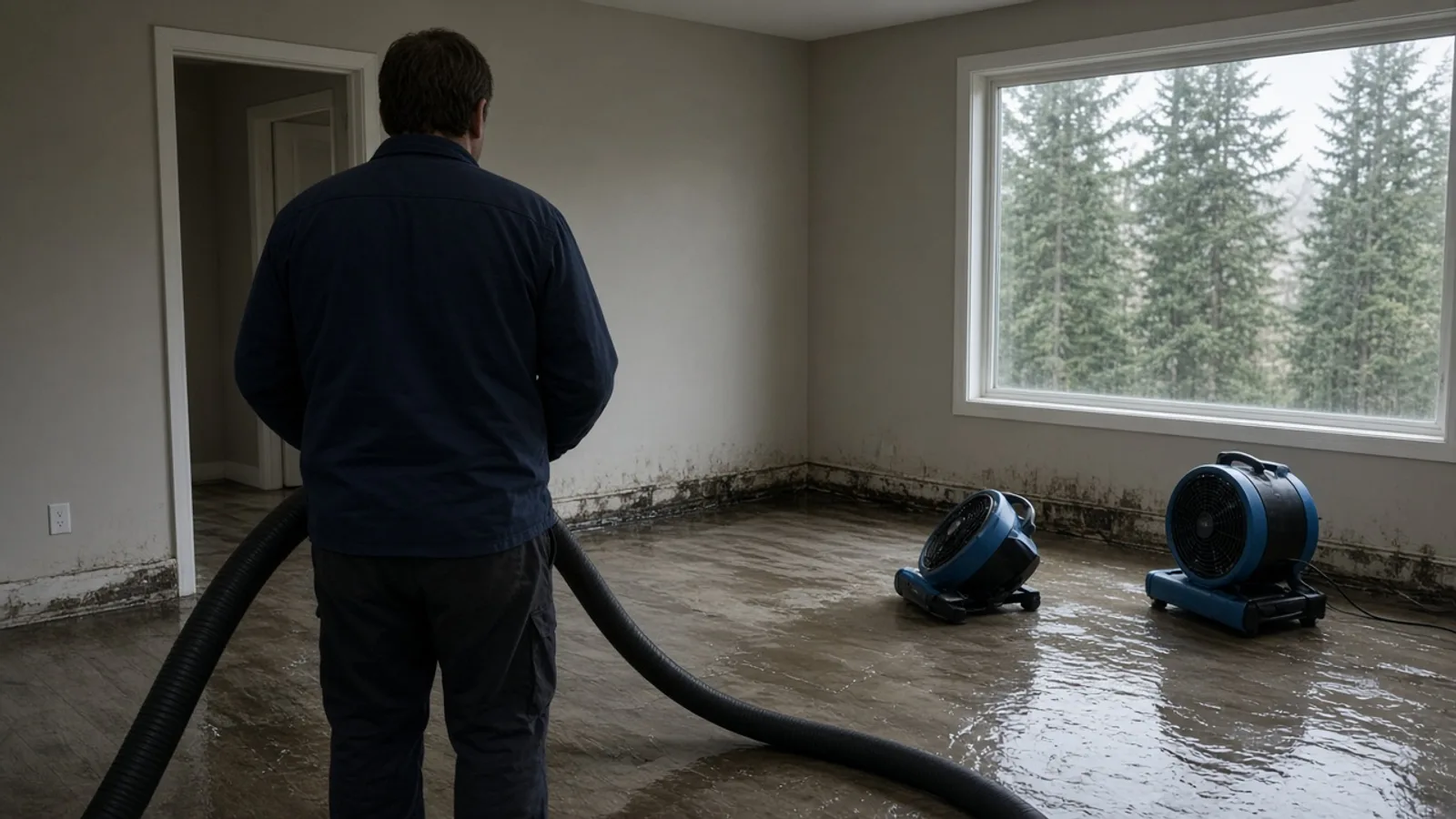 Extraction hose and air movers staged in a flooded Pacific Northwest home during the first hours of water damage