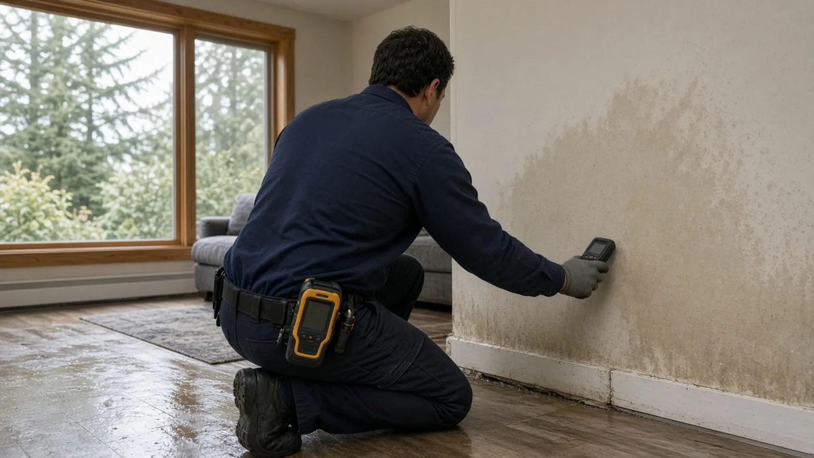 Water damage technician taking moisture readings on a stained wall for an insurance claim in Langley