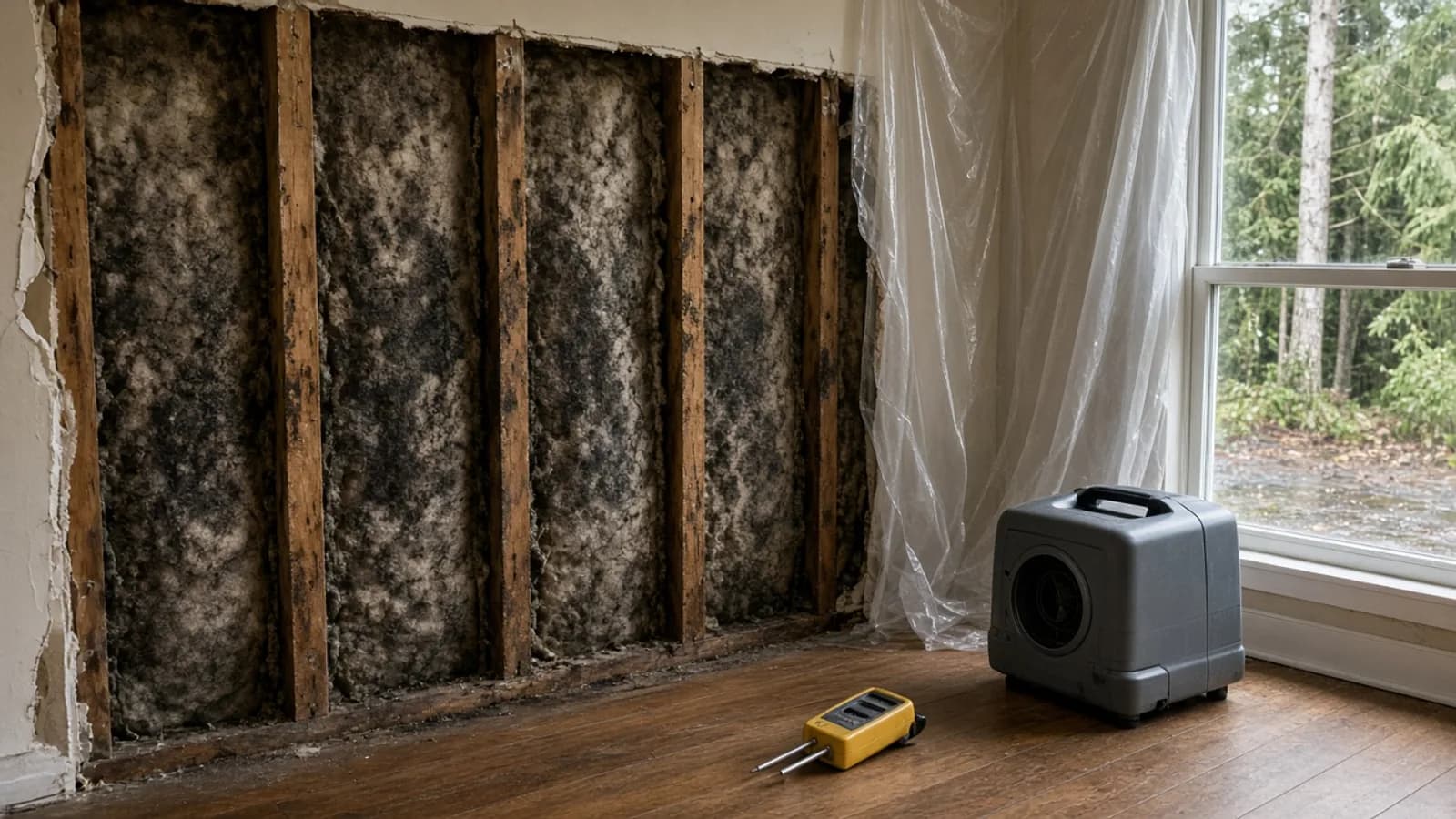 Mold growth on studs inside a water-damaged wall cavity during remediation in a Langley home