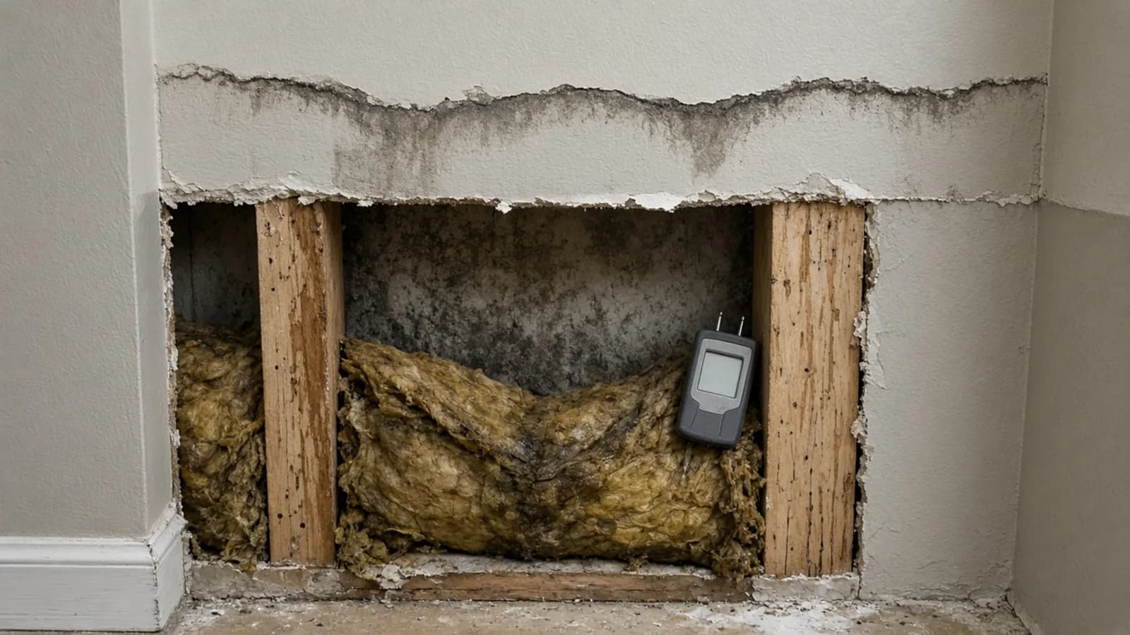The bottom of wet drywall cut open to show damp insulation and studs in a water-damaged wall